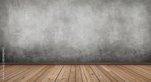Room backdrop with abstract wallpaper featuring brown wood floor texture alongside cement wall decoration