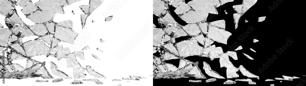 Fototapeta premium Smashed glass shards scattered Shattered glass pieces scattered on a white surface background isolated on transparent background White broken glass with spiderweb cracks on a split black-and-white