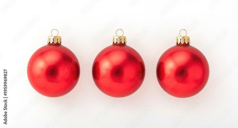 Fototapeta premium Set of three polished red Christmas tree decorations aligned on white background ideal for holiday ornament displays