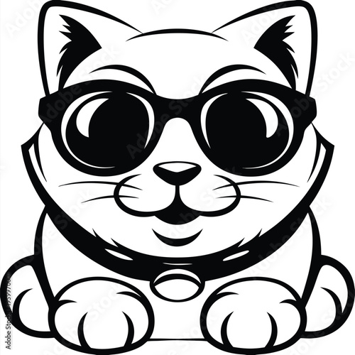 Charming Black and White Cartoon Cat Line Art Vector for Children's Apparel and Stickers