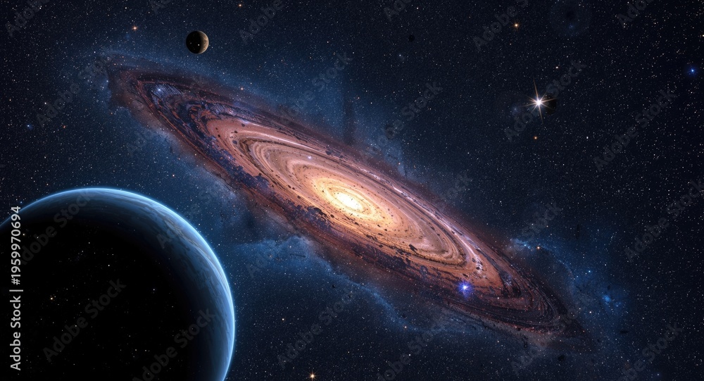 Fototapeta premium Scientific exploration of cosmology featuring stars planets and galaxies with space time travel concepts