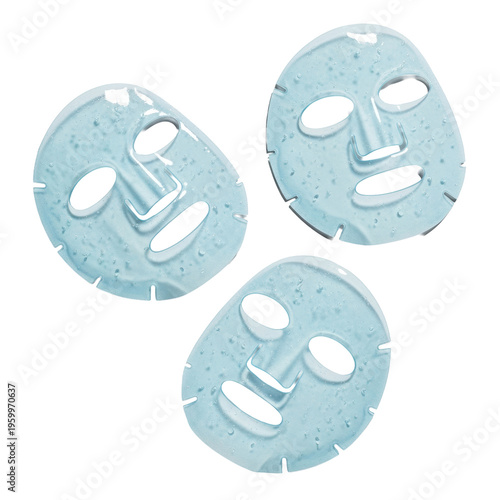 Three light blue translucent hydrogel sheet masks with a glossy wet texture floating on a solid transparent background concept of modern skincare purity