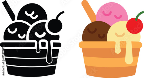 Cute ice cream sundae bowl vector icons, flat cartoon dessert with cherry and scoops, colorful and black silhouette sundae illustrations