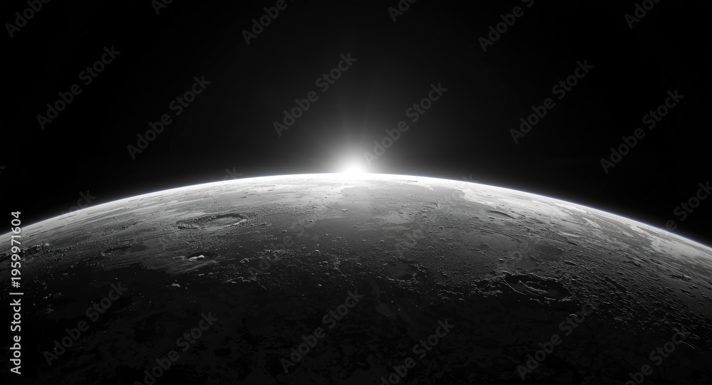 Fototapeta premium Fantasy art portraying the moon's surface textures contrasting with Earth's bright horizon in monochrome