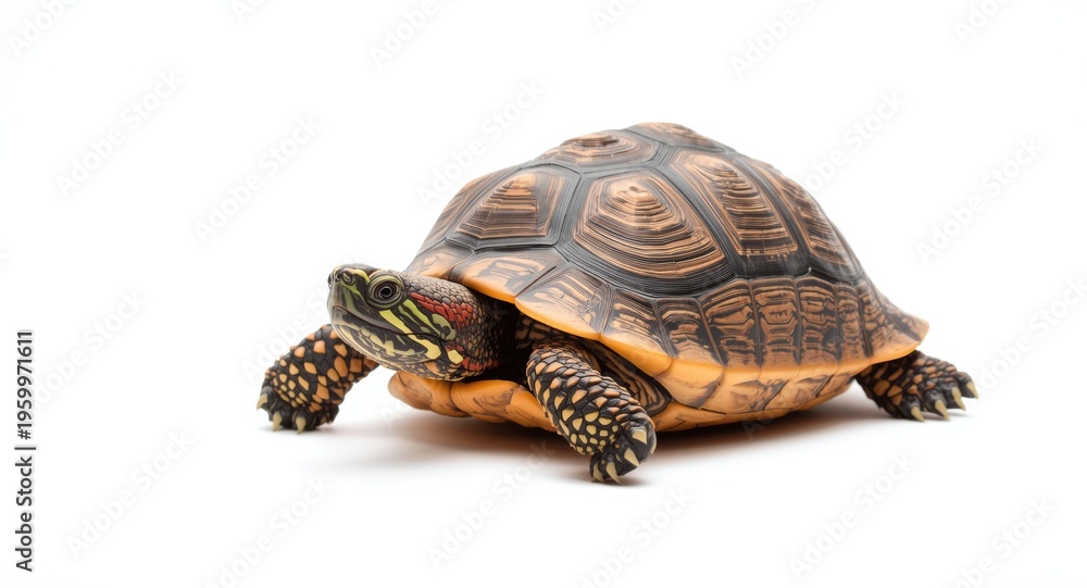 Obraz premium Red eared turtle resting on an even white backdrop