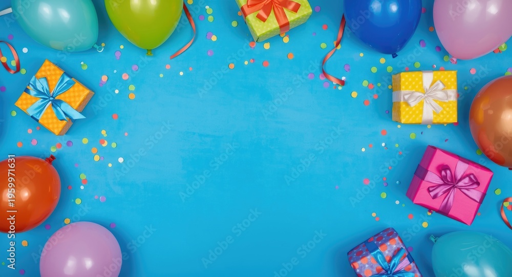 Naklejka premium Flat lay of festive party decorations with colorful balloons gifts and confetti on vivid blue background