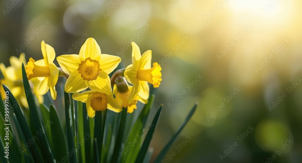 Obraz premium Close up perspective of glowing yellow daffodil blooms enhanced by sunlight