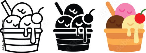 Kawaii ice cream sundae icons, cute dessert bowl with smiling scoops and cherry, flat vector set for summer menus and stickers