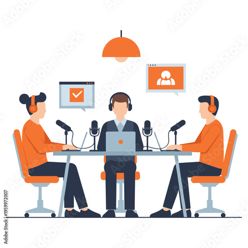 Podcast recording studio with three people, microphones, laptops, and orange accents
