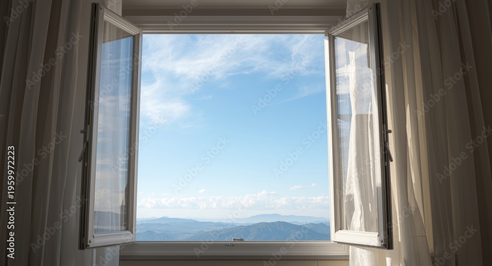 Fototapeta premium Open window with sunlit curtains swaying and picturesque blue sky behind
