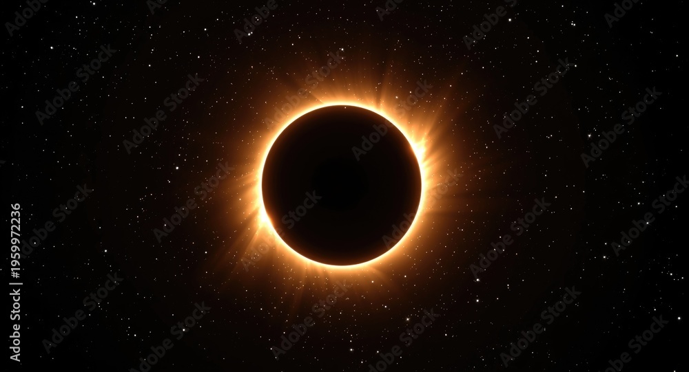 Fototapeta premium Radiant glowing ring encircling a solar eclipse in a 3D cartoon model set against a starry outer space backdrop
