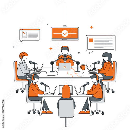 Podcast recording with multiple hosts, microphones, and orange accents in a modern studio