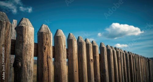 Old pointed log stockade fence showing natural wood texture with blue sky in background