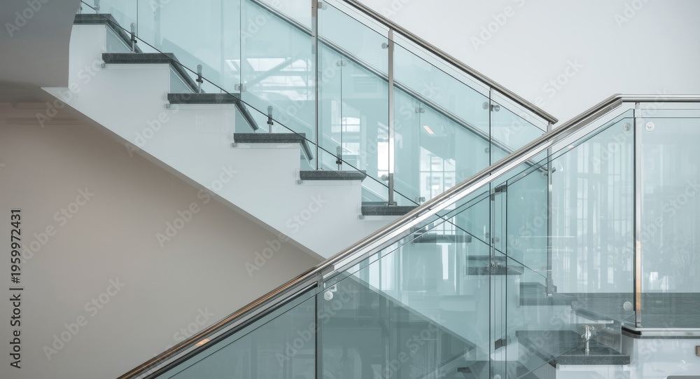 Obraz premium modern staircase railing combining glass panels and stainless steel components