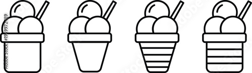 Minimalist ice cream cup icons set, black and white line art sundae illustrations, frozen yogurt dessert vector collection for menu design