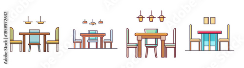 Dining room furniture sets: modern table and chairs with pendant lighting illustrations vector