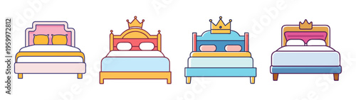 Cartoon princess beds vector illustration set for kids bedroom furniture and decor design ideas