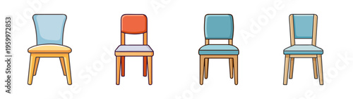 Illustration of four modern dining chairs with different designs and colors for home decor ideas
