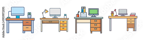 Office desks with computers and accessories vector illustration for workspace design and decor ideas