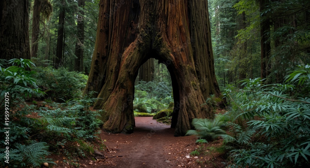 Obraz premium Scenic gateway to a protected redwood forest surrounded by dense greenery