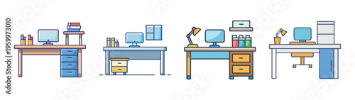 Illustration of office desks with computers lamps and accessories for workspace design ideas