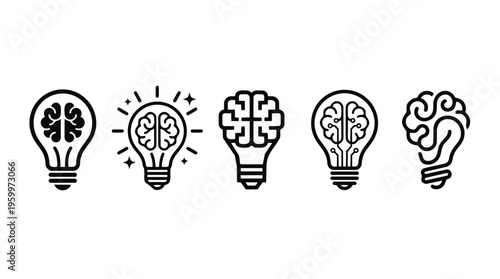 Black line icons of light bulbs with brain inside