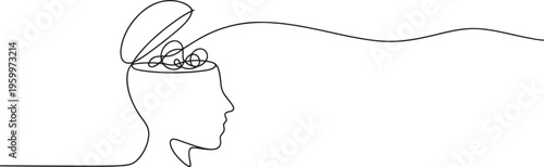 Tangled thoughts unravel and escape from an open head in line art.