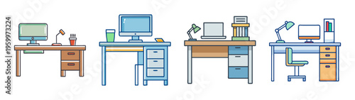 Illustration of office desks with computers and accessories for home office design ideas