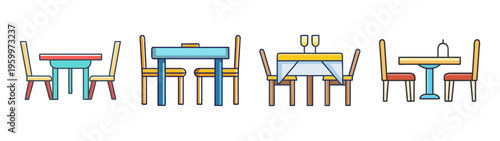 Illustration of restaurant tables and chairs set for dining service vector design art