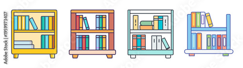 Colorful bookshelves with books vector illustration for library furniture and home decor ideas