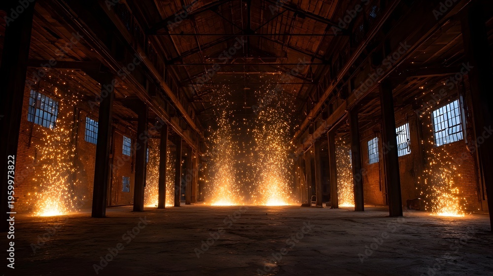 Obraz premium Spectacular orange pyrotechnic bursts illuminate a dark cavernous industrial loft space with structural columns and