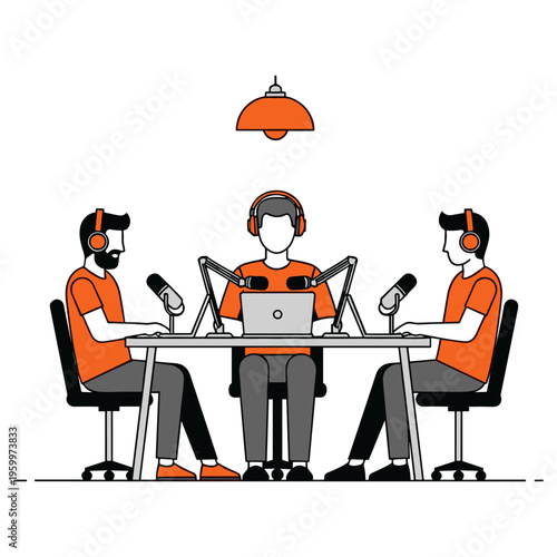 Podcast recording setup with three men, microphones, laptops, and an orange lamp overhead