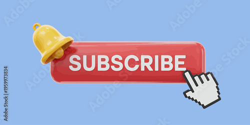 Red subscribe button with bell and hand cursor on blue background