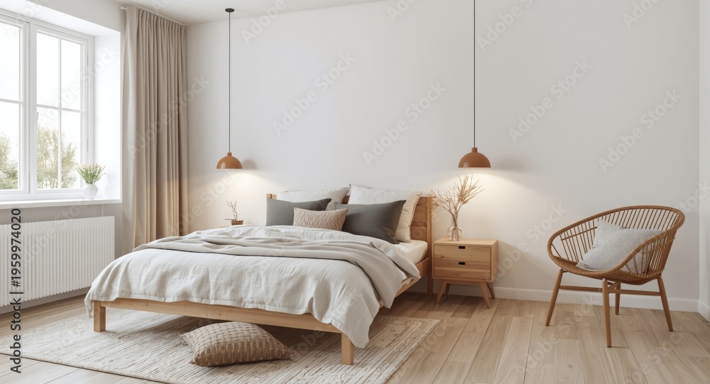 Fototapeta premium Minimalist bedroom interior with warm Scandinavian decor
