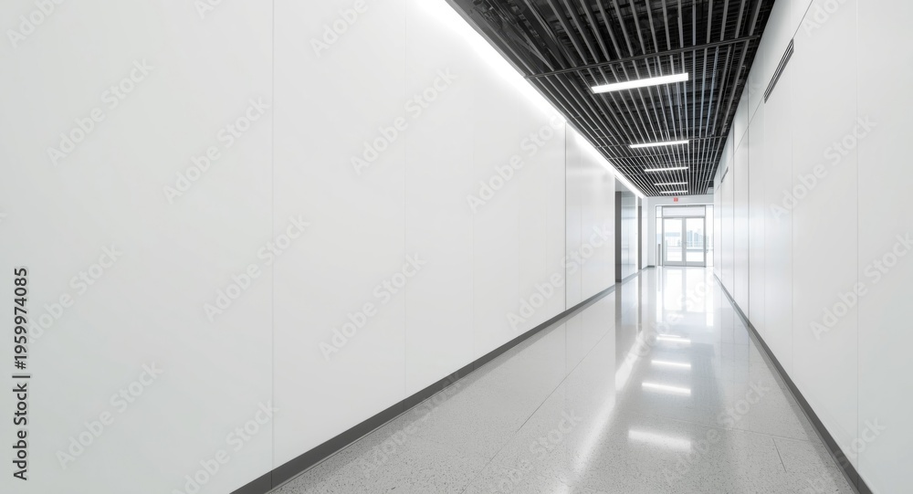 Obraz premium Modern indoor corridor showing plain white wall optimized for copy space text