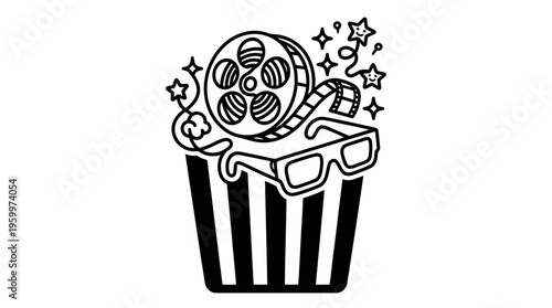 Minimalist Popcorn Bucket with Film Reel and 3D Glasses Line Art, Monochrome Cinema Vector Illustration