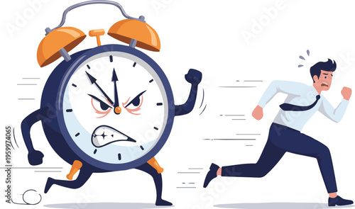 A cartoon man running from an angry alarm clock