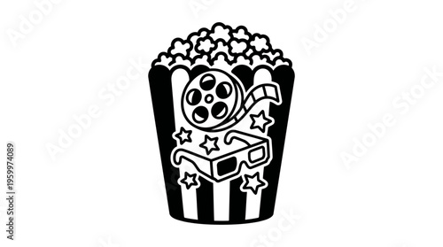 Minimalist Popcorn Bucket with Film Reel and 3D Glasses Line Art, Monochrome Cinema Vector Illustration