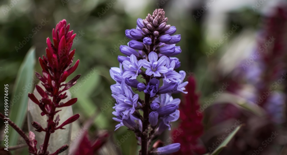 Obraz premium Close up view of violet flowers blooming with a red plant blossom in a lush garden setting