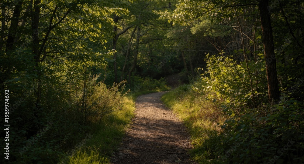 Fototapeta premium Quiet bending trail through thick green woods highlighted by warm sunlight