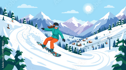 Snowboarder Carving Down Snowy Mountain Slope