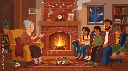 Family Cozying Up by the Fireplace Listening to Grandma