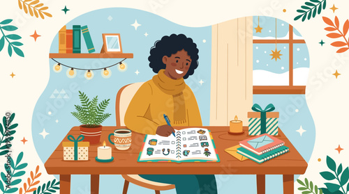 Woman Writing in Journal by Cozy Window