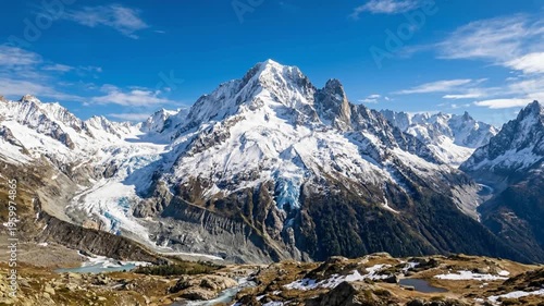Stunning Mont Blanc Massif Landscape with Snow and Glaciers Under Blue Sky.