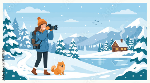 Woman Photographer Taking Photos in a Winter Landscape
