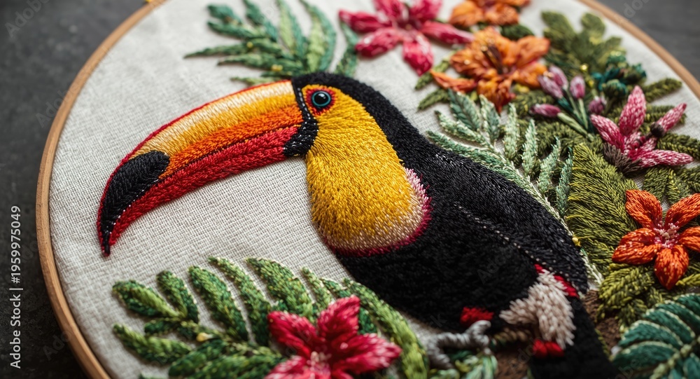 Naklejka premium Tropical bird inspired embroidery featuring toucan and colorful vegetation
