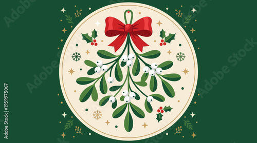 Festive Mistletoe with Red Bow and Berries Design