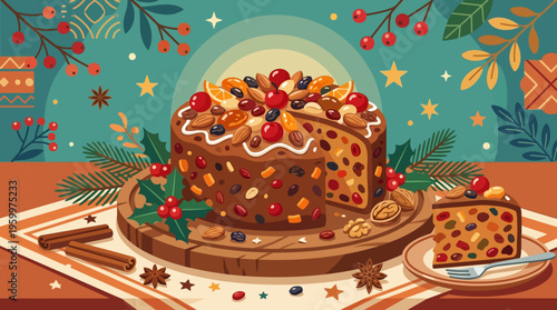 Festive Fruitcake with Holiday Decorations
