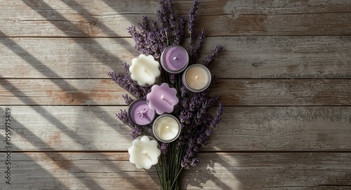 Handcrafted candles and sprigs of lavender featured on a wooden tabletop from top