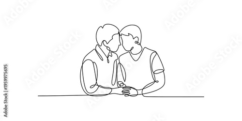 Minimalist one line art of two men in a romantic pose touching foreheads and holding hands